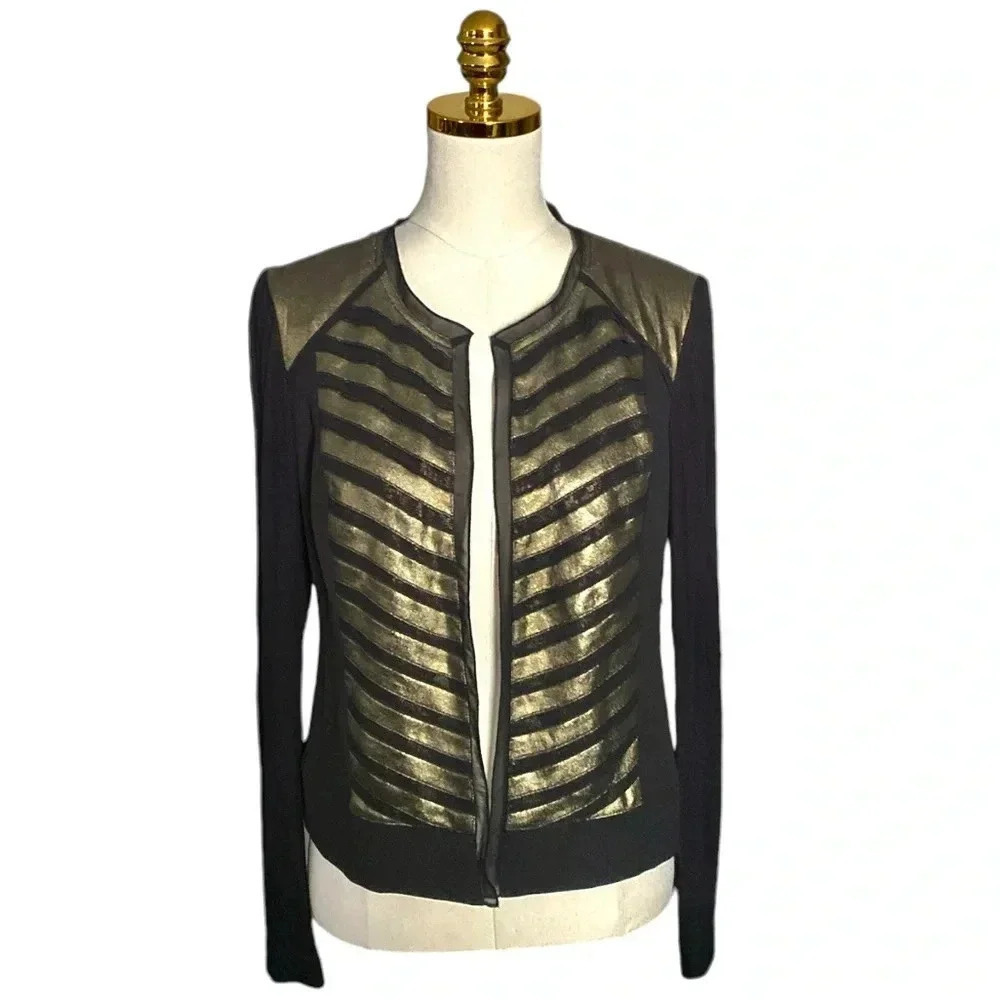 CACHE’ | Women's Boho Black Gold Metallic Striped Open Lightweight Jacket Size 6